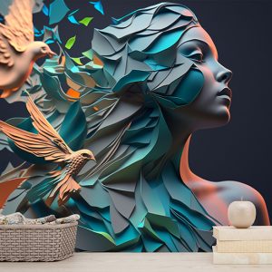 Kuş ve Kadın İllüstrasyonu Kuaför Duvar Kağıtları YK-00586