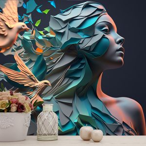 Kuş ve Kadın İllüstrasyonu Kuaför Duvar Kağıtları YK-00586