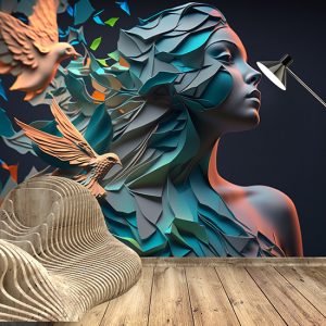 Kuş ve Kadın İllüstrasyonu Kuaför Duvar Kağıtları YK-00586