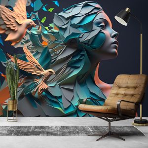 Kuş ve Kadın İllüstrasyonu Kuaför Duvar Kağıtları YK-00586