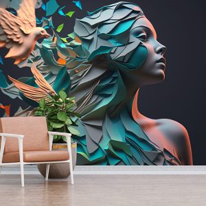 Kuş ve Kadın İllüstrasyonu Kuaför Duvar Kağıtları YK-00586