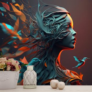 3D Kuş ve Kadın İllüstrasyonu Modern Duvar Kağıtları YK-00587