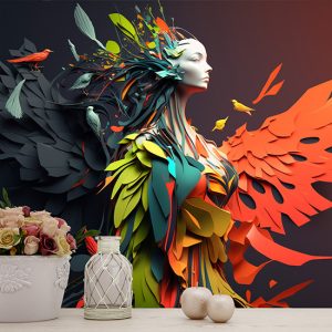 3D Kadın ve Kuşlar İllüstrasyonu Modern Duvar Kağıdı YK-00588