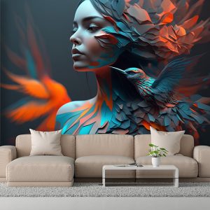3D Kadın ve Kuş Sanatsal Duvar Kağıtları YK-00589
