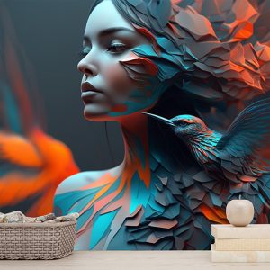 3D Kadın ve Kuş Sanatsal Duvar Kağıtları YK-00589