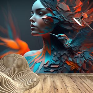 3D Kadın ve Kuş Sanatsal Duvar Kağıtları YK-00589