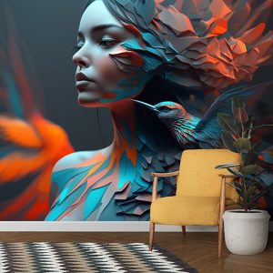 3D Kadın ve Kuş Sanatsal Duvar Kağıtları YK-00589