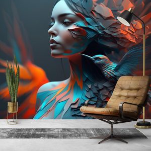 3D Kadın ve Kuş Sanatsal Duvar Kağıtları YK-00589