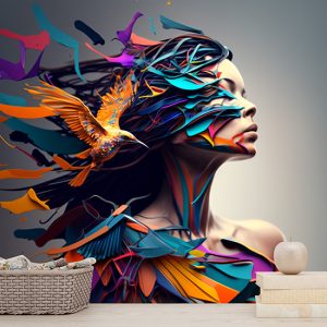 Kuş ve Kadın İllüstrasyonu Estetik Duvar Kağıtları YK-00590