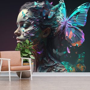 Kadın ve Kelebekler İllüstrasyonu Modern Duvar Kağıdı YK-00600