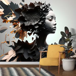 3D Siyah Kadın ve Çiçekler Kuaför Duvar Kağıdı YK-00677