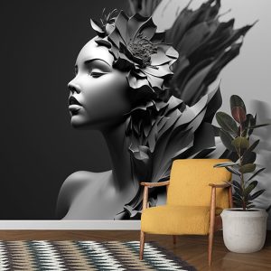 3D Siyah Beyaz Kadın ve Çiçek Kuaför Duvar Kağıdı YK-00679