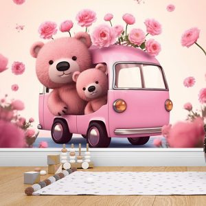 Sevimli Ayılar ve Pembe Çiçekler Çocuk Odası Duvar Kağıdı YCO-02193