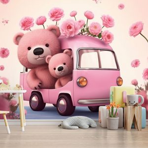 Sevimli Ayılar ve Pembe Çiçekler Çocuk Odası Duvar Kağıdı YCO-02193