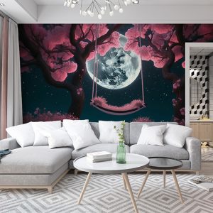 Ay ve Kiraz Ağaçları Altındaki Salıncak Modern Duvar Kağıdı YF-02177
