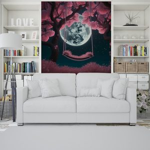 Ay ve Kiraz Ağaçları Altındaki Salıncak Modern Duvar Kağıdı YF-02177