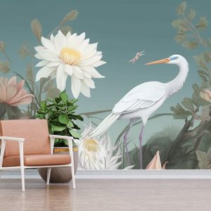 Balıkçıl Kuşu ve Çiçekler Tek Parça Duvar Kağıdı YF-02213