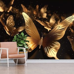 3D Gold Kelebekler Tek Parça Modern Duvar Kağıdı YH-02217