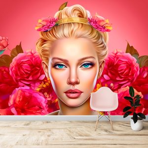 Kadın ve Pembe Çiçekler Kuaför Tek Parça Duvar Kağıdı YK-02154