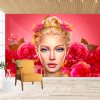Kadın ve Pembe Çiçekler Kuaför Tek Parça Duvar Kağıdı YK-02154