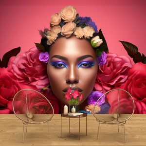 Siyahi Kadın ve Pembe Çiçekler Kuaför Duvar Kağıdı YK-02155