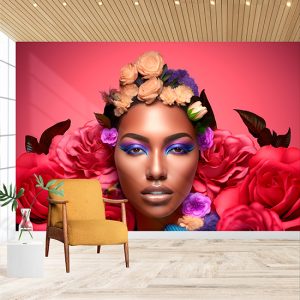 Siyahi Kadın ve Pembe Çiçekler Kuaför Duvar Kağıdı YK-02155