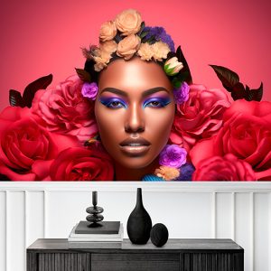 Siyahi Kadın ve Pembe Çiçekler Kuaför Duvar Kağıdı YK-02155