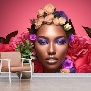 Siyahi Kadın ve Pembe Çiçekler Kuaför Duvar Kağıdı YK-02155