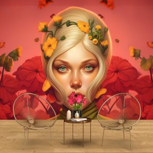 Kadın ve Çiçekler 3D Bayan Kuaförü Duvar Kağıdı YK-02156