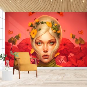 Kadın ve Çiçekler 3D Bayan Kuaförü Duvar Kağıdı YK-02156