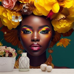 Siyahi Kadın ve Sarı Çiçekler Bayan Kuaförü Duvar Kağıdı YK-02161