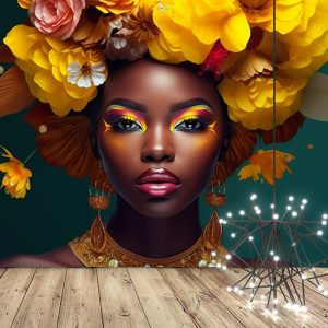 Siyahi Kadın ve Sarı Çiçekler Bayan Kuaförü Duvar Kağıdı YK-02161