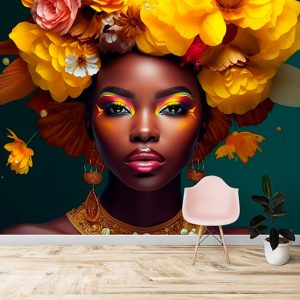 Siyahi Kadın ve Sarı Çiçekler Bayan Kuaförü Duvar Kağıdı YK-02161