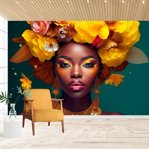 Siyahi Kadın ve Sarı Çiçekler Bayan Kuaförü Duvar Kağıdı YK-02161