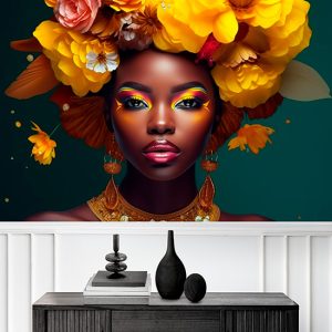 Siyahi Kadın ve Sarı Çiçekler Bayan Kuaförü Duvar Kağıdı YK-02161