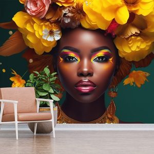 Siyahi Kadın ve Sarı Çiçekler Bayan Kuaförü Duvar Kağıdı YK-02161