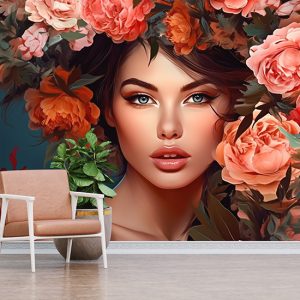 Pembe Çiçekler ve Kadın 3D Kuaför Duvar Kağıtları YK-02163