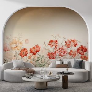Kırmızı Çiçekler 3D Tek Parça Salon Duvar Kağıdı YF-02357