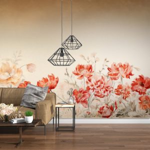 Kırmızı Çiçekler 3D Tek Parça Salon Duvar Kağıdı YF-02357