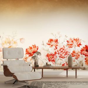 Kırmızı Çiçekler 3D Tek Parça Salon Duvar Kağıdı YF-02357