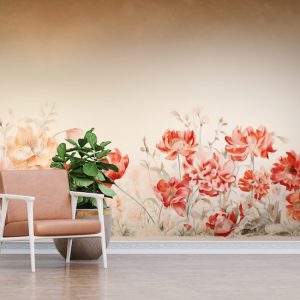 Kırmızı Çiçekler 3D Tek Parça Salon Duvar Kağıdı YF-02357