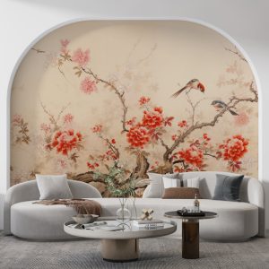 Kırmızı Çiçekler ve Kuşlar Suluboya Salon Duvar Kağıdı YF-02358