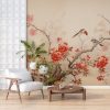 Kırmızı Çiçekler ve Kuşlar Suluboya Salon Duvar Kağıdı YF-02358