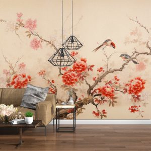 Kırmızı Çiçekler ve Kuşlar Suluboya Salon Duvar Kağıdı YF-02358