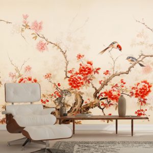 Kırmızı Çiçekler ve Kuşlar Suluboya Salon Duvar Kağıdı YF-02358