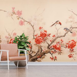 Kırmızı Çiçekler ve Kuşlar Suluboya Salon Duvar Kağıdı YF-02358