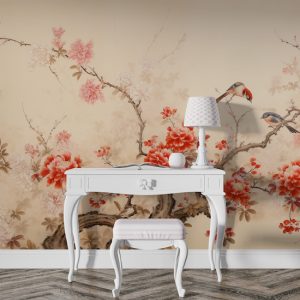 Kırmızı Çiçekler ve Kuşlar Suluboya Salon Duvar Kağıdı YF-02358