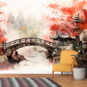 Japon Kulübesi ve Köprü Suluboya Manzara Duvar Kağıdı YD-02335