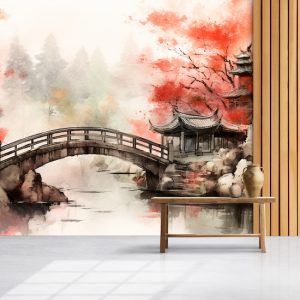 Japon Kulübesi ve Köprü Suluboya Manzara Duvar Kağıdı YD-02335