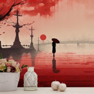 Kadın ve Yağmurlu Şehir Suluboya Manzara Duvar Kağıdı Kağıdı Modelleri